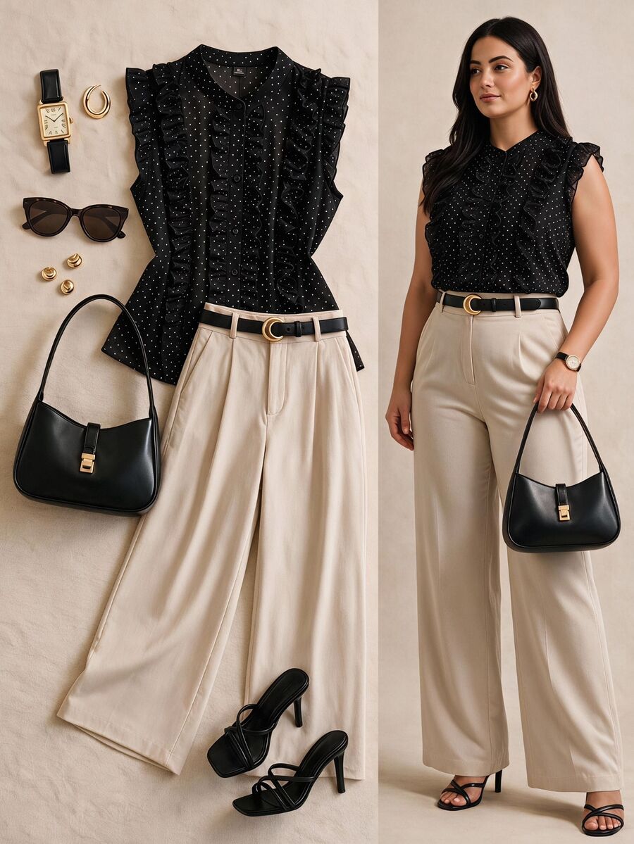 Grovea Plus Size French Chiffon Vintage Romantic Elegant Polka Dot Ruffle Trim Button-Up Blouse Office Party Formal Black And White Summer