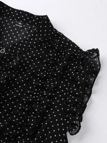 Grovea Plus Size French Chiffon Vintage Romantic Elegant Polka Dot Ruffle Trim Button-Up Blouse Office Party Formal Black And White Summer - Black - View 5