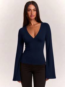 SHEIN BAE Women's Casual Versatile Long Sleeve Ruched Top For Daily Wear - Navy Blue - View 6