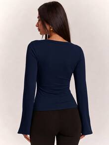 SHEIN BAE Women's Casual Versatile Long Sleeve Ruched Top For Daily Wear - Navy Blue - View 2