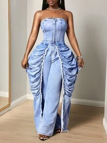 Slaydiva Women's Pleated Casual Daily Wear Strapless Denim Jumpsuit,Winter - Blue - View 5