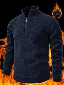 Manfinity CasualKnits 男士秋冬半拉鍊長袖休閒百搭毛衣，老錢風 - 藏蓝色 - 查看 1