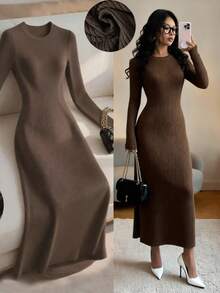 SHEIN 女士条纹纹理优雅圆领中长连衣裙 - 棕色 - 查看 10
