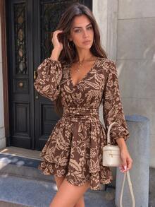TaskSense Autumn/Winter New French Bohemian Vintage Floral Print V-Neck Button-Up Cinched Waist Lantern Sleeve Dress - Brown - View 3