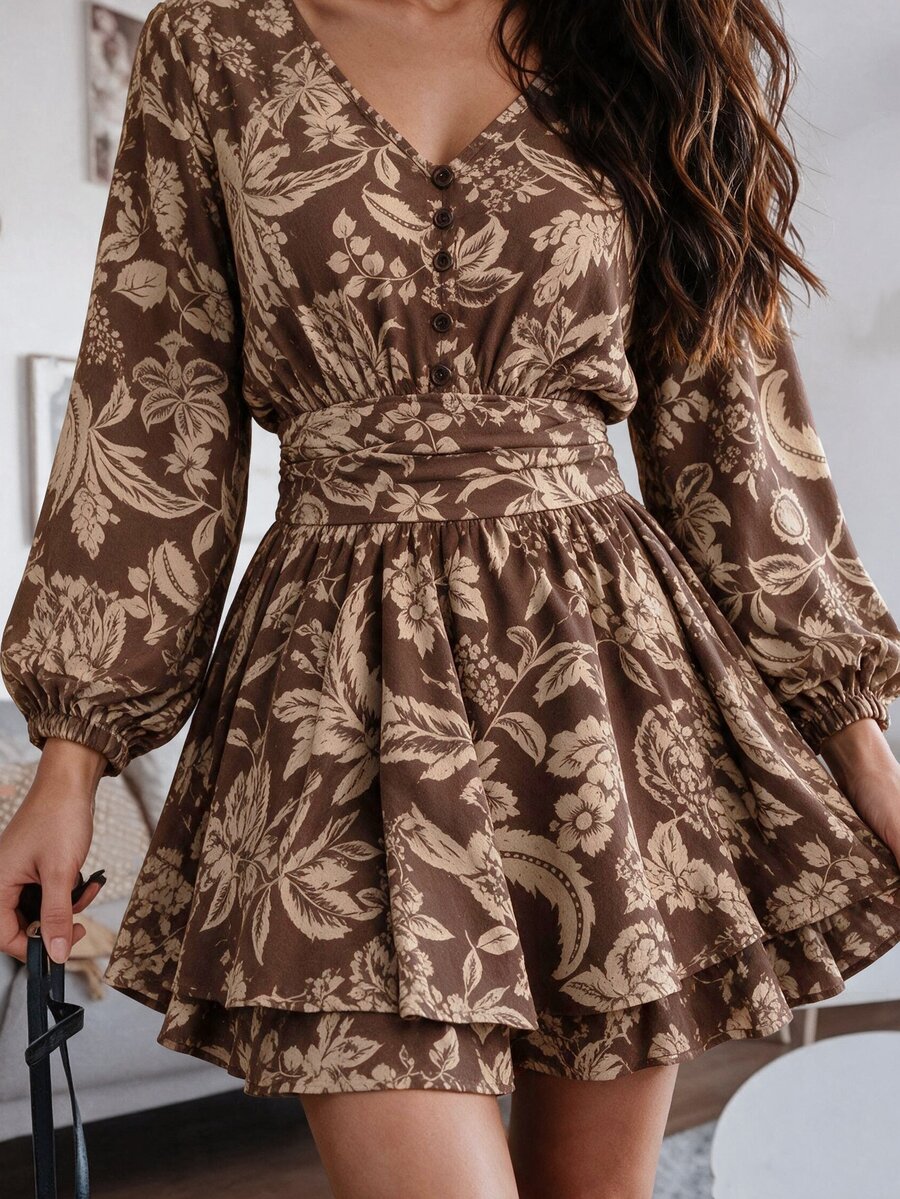 TaskSense Autumn/Winter New French Bohemian Vintage Floral Print V-Neck Button-Up Cinched Waist Lantern Sleeve Dress - Brown - View 1