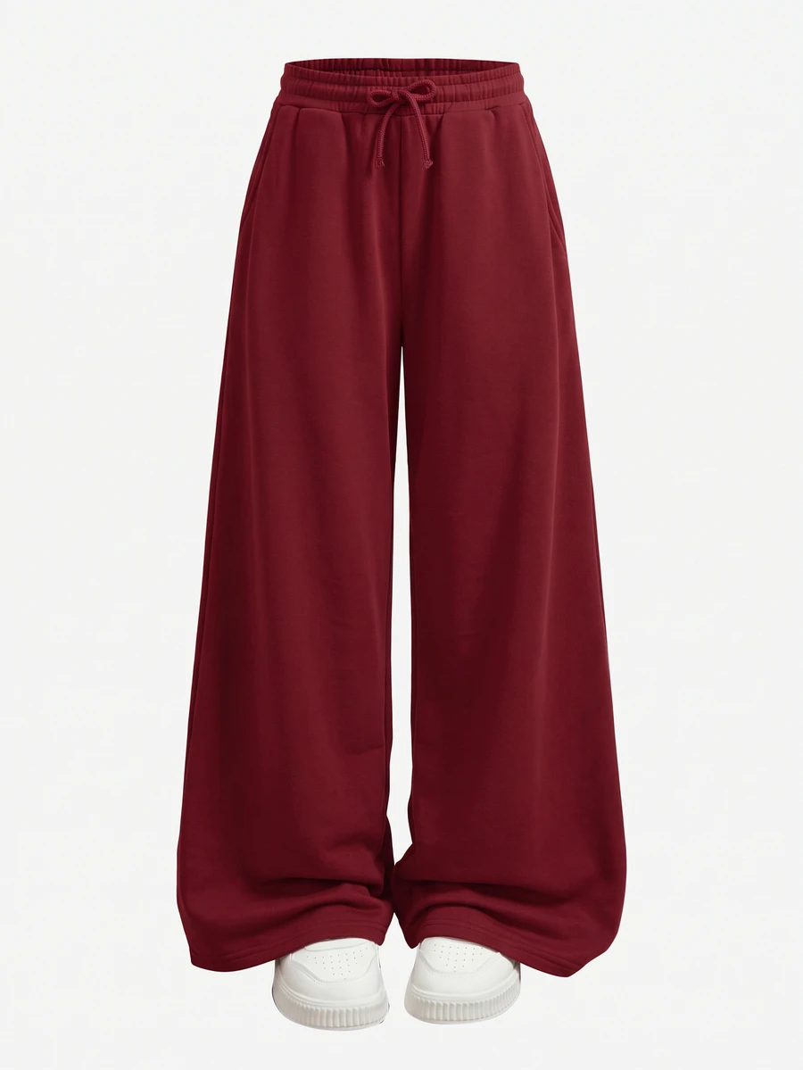 Girlism Tween Girl Knitted Burgundy Loose Casual Versatile Drawstring Pocket Wide Leg Sweatpants - Burgundy - View 1