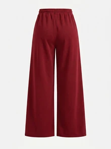 Girlism Tween Girl Knitted Burgundy Loose Casual Versatile Drawstring Pocket Wide Leg Sweatpants - Burgundy - View 2