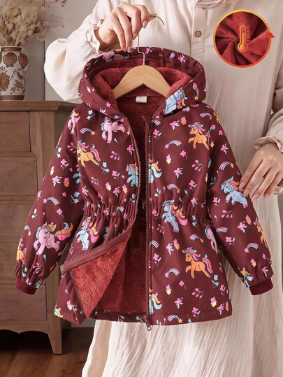 SHEIN جاكيت باركا كاجوال للفتيات الصغيرات بطبعة يونيكورن كرتونية لطيفة، مبطن بالفليس، بسحاب أمامي، بقلنسوة وخصر مطاطي، ستايل غربي، دافئ حراري للخريف والشتاء
