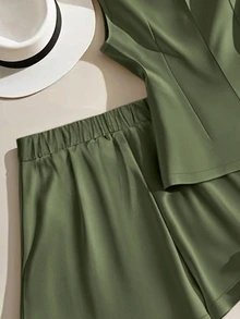SHEIN Summer Elegant Olive Green Commuter Solid Color Vest & Shorts 2 Pieces Set,Women Holiday Vacation Outfits,Classy Coords Suit,Latest Spring Set - Army Green - View 3
