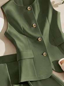 SHEIN Summer Elegant Olive Green Commuter Solid Color Vest & Shorts 2 Pieces Set,Women Holiday Vacation Outfits,Classy Coords Suit,Latest Spring Set - Army Green - View 7