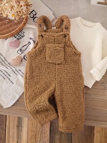 SHEIN Baby Girl Thick Double-Sided Fleece Versatile Overalls Autumn Pants, Suitable For Winter, Cute Patch Pockets, Adjustable Shoulder Straps - Brown - View 8
