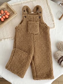 SHEIN Baby Girl Thick Double-Sided Fleece Versatile Overalls Autumn Pants, Suitable For Winter, Cute Patch Pockets, Adjustable Shoulder Straps - Brown - View 4