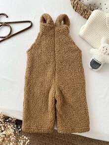 SHEIN Baby Girl Thick Double-Sided Fleece Versatile Overalls Autumn Pants, Suitable For Winter, Cute Patch Pockets, Adjustable Shoulder Straps - Brown - View 2
