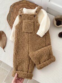 SHEIN Baby Girl Thick Double-Sided Fleece Versatile Overalls Autumn Pants, Suitable For Winter, Cute Patch Pockets, Adjustable Shoulder Straps - Brown - View 1