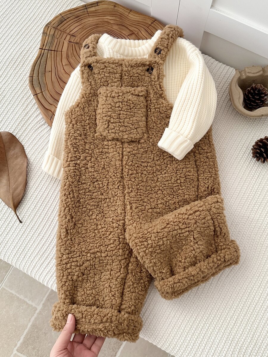 SHEIN Baby Girl Thick Double-Sided Fleece Versatile Overalls Autumn Pants, Suitable For Winter, Cute Patch Pockets, Adjustable Shoulder Straps - Brown - View 1