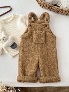 SHEIN Baby Girl Thick Double-Sided Fleece Versatile Overalls Autumn Pants, Suitable For Winter, Cute Patch Pockets, Adjustable Shoulder Straps - Brown - View 7