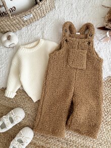 SHEIN Baby Girl Thick Double-Sided Fleece Versatile Overalls Autumn Pants, Suitable For Winter, Cute Patch Pockets, Adjustable Shoulder Straps - Brown - View 5