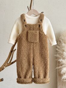 SHEIN Baby Girl Thick Double-Sided Fleece Versatile Overalls Autumn Pants, Suitable For Winter, Cute Patch Pockets, Adjustable Shoulder Straps - Brown - View 6