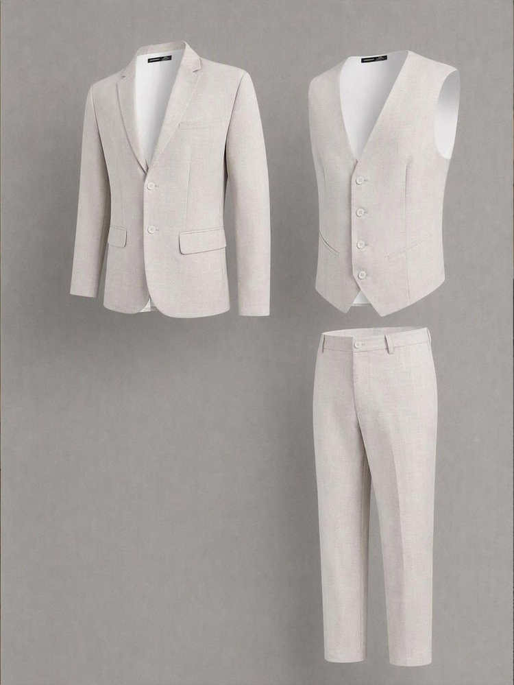 Mainfolk Men's Woven 3-Piece Fitted Casual Suit Vest Set, Suitable For Spring And Autumn, Suitable For Office Halloween Christmas Winter Party Autumn - Beige - View 9