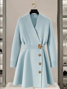 SHEIN New Autumn V-Neck Waist Cinched Knitted A-Line Dress, Elegant And Intellectual - Blue - View 3