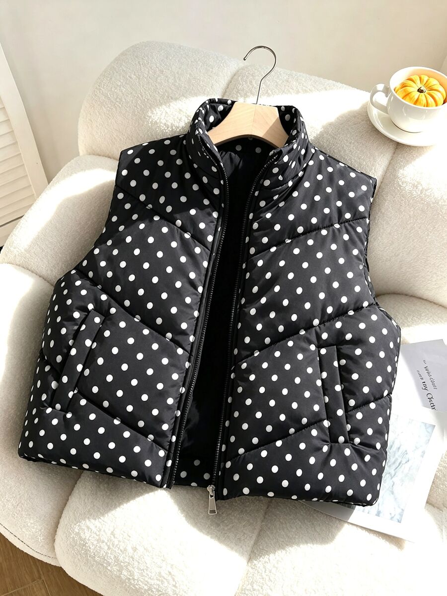 SHEIN Girls' Corduroy Vest, Vintage Cute Kawaii Fall/ Versatile Piece. Stand Collar Zipper Sleeveless Padded Vest, Black Polka Dot Corduroy Fabric, Club - Black - View 1
