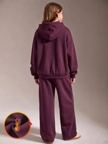 SHEIN 青少年抓絨內裡字母連帽衫與寬腿運動褲2件套，酒紅色素色休閒中性運動服套裝，適合秋冬 - 酒紅色 - 查看 2