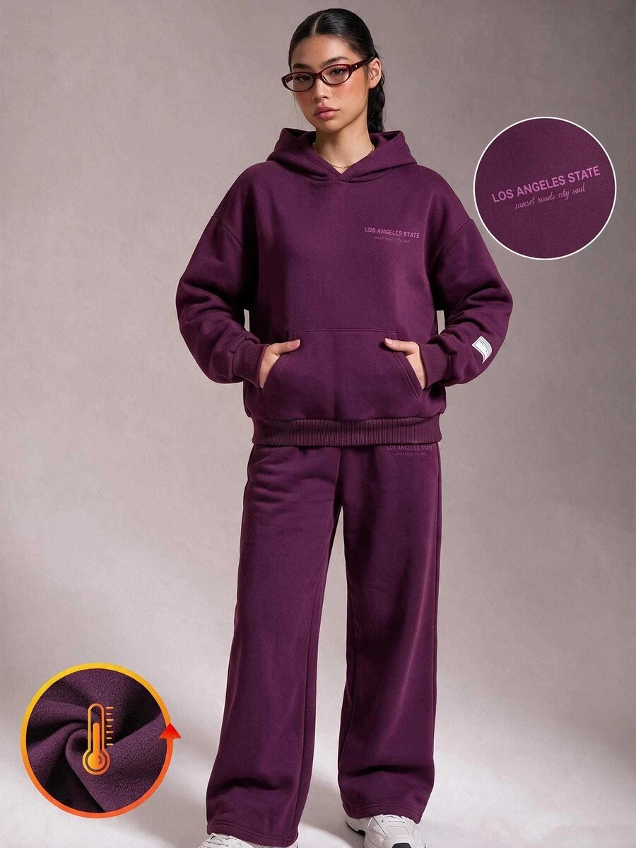 SHEIN 青少年抓絨內裡字母連帽衫與寬腿運動褲2件套，酒紅色素色休閒中性運動服套裝，適合秋冬 - 酒紅色 - 查看 1