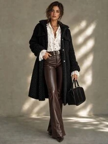 SHEIN 女士纯色口袋前扣休闲长袖长开衫，秋冬 - 黑色 - 查看 7