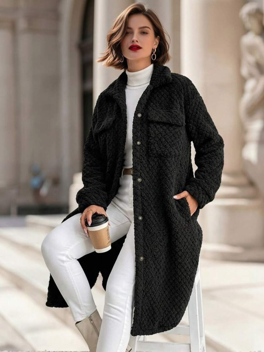 SHEIN 女士纯色口袋前扣休闲长袖长开衫,秋冬 - 黑色 - 查看 1