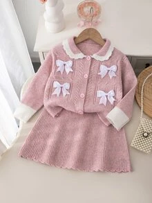 SHEIN Girls' 2 Pieces Knit Set, Peter Pan Collar, Bow, Cable Knit, Colorblock, Princess Style, Spring/Autumn, Skirt, Cardigan Top, Sweet Girls' Outfit - Pink - View 1