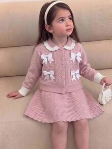 SHEIN Girls' 2 Pieces Knit Set, Peter Pan Collar, Bow, Cable Knit, Colorblock, Princess Style, Spring/Autumn, Skirt, Cardigan Top, Sweet Girls' Outfit - Pink - View 9