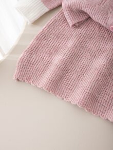 SHEIN Girls' 2 Pieces Knit Set, Peter Pan Collar, Bow, Cable Knit, Colorblock, Princess Style, Spring/Autumn, Skirt, Cardigan Top, Sweet Girls' Outfit - Pink - View 7