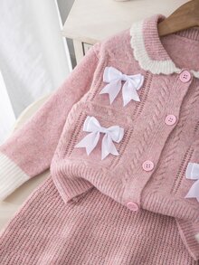 SHEIN Girls' 2 Pieces Knit Set, Peter Pan Collar, Bow, Cable Knit, Colorblock, Princess Style, Spring/Autumn, Skirt, Cardigan Top, Sweet Girls' Outfit - Pink - View 5