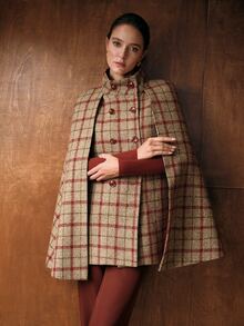 MOTF PREMIUM WOMEN'S ELEGANT HOLIDAY PLAID BUTTON CAPE OVERCOAT - Khaki - View 7