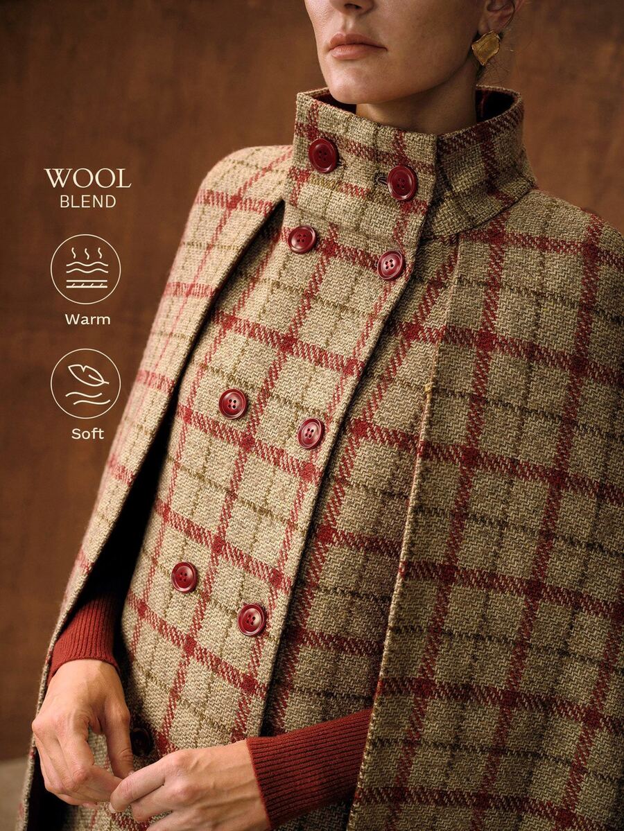 MOTF PREMIUM WOMEN'S ELEGANT HOLIDAY PLAID BUTTON CAPE OVERCOAT - Khaki - View 1