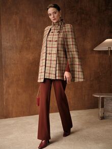 MOTF PREMIUM WOMEN'S ELEGANT HOLIDAY PLAID BUTTON CAPE OVERCOAT - Khaki - View 6