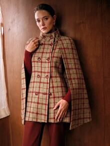 MOTF PREMIUM WOMEN'S ELEGANT HOLIDAY PLAID BUTTON CAPE OVERCOAT - Khaki - View 5