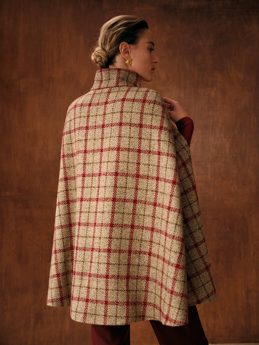 MOTF PREMIUM WOMEN'S ELEGANT HOLIDAY PLAID BUTTON CAPE OVERCOAT - Khaki - View 2