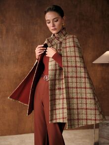 MOTF PREMIUM WOMEN'S ELEGANT HOLIDAY PLAID BUTTON CAPE OVERCOAT - Khaki - View 8