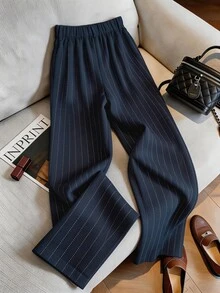 SHEIN Women's Striped Pleated Casual Versatile Daily Wear Pants - Navy Blue - View 3