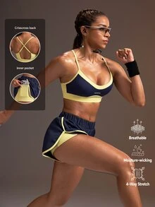 Powerista 女款拼色細肩帶內衣與短褲休閒保守寬鬆運動休閒套裝 海軍藍 跑步 夏季 日常健身運動 - 寶藍色 - 查看 11