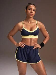 Powerista 女款拼色細肩帶內衣與短褲休閒保守寬鬆運動休閒套裝 海軍藍 跑步 夏季 日常健身運動 - 寶藍色 - 查看 7