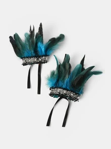 Aravennia 2pcs Halloween Performance Party Feather Wristbands Wrist Accessories 1pc Artificial Feather Shawl - Sky Blue - View 2
