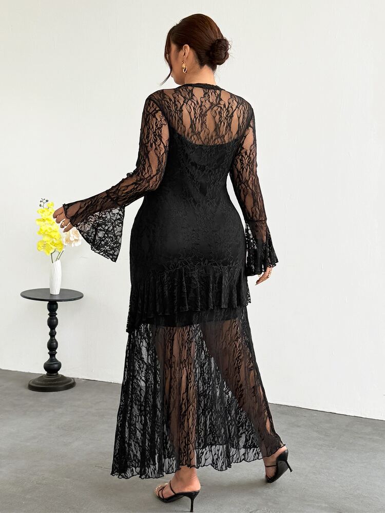 Firerie Plus Size Elegant Lace Long Sleeve Evening Dress Fall/Winter Elegant Wedding Guest Party Dress For Women Elegant Christmas New Year Dress For Women - Black - View 9