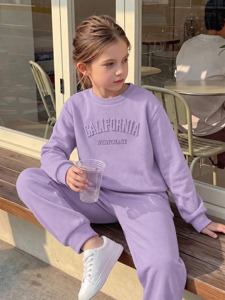 SHEIN Tween Girls 2 Piece Sweatshirt Jogger Set, California Graphic, Crew Neck Long Sleeve Fleece Lined Outfit For School, Sports, Party, Fall/Winter - Purple - View 1