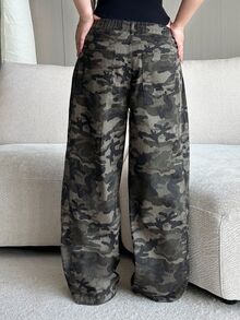 Dazy Plus Plus Size Women Military Green Camouflage Loose Straight Leg Jeans, Motorcycle Autumn - Army Green - View 2