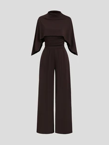 Sweetra Women's Solid Color Camisole Jumpsuit And Shawl Top Casual 2 Pieces Set - Coffee Brown - View 1