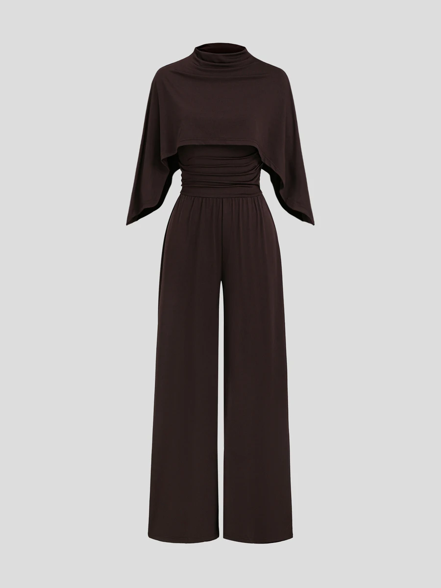 Sweetra Women's Solid Color Camisole Jumpsuit And Shawl Top Casual 2 Pieces Set - Coffee Brown - View 1