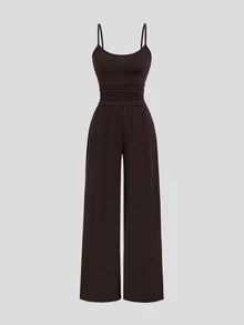 Sweetra Women's Solid Color Camisole Jumpsuit And Shawl Top Casual 2 Pieces Set - Coffee Brown - View 6