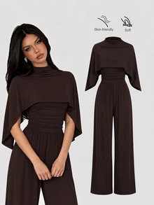 Sweetra Women's Solid Color Camisole Jumpsuit And Shawl Top Casual 2 Pieces Set - Coffee Brown - View 3